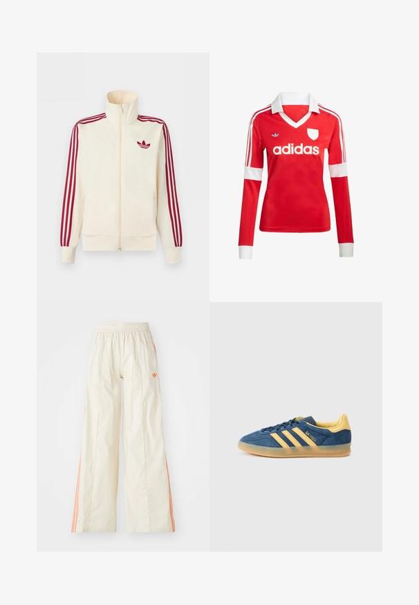 Krémová bežecká bunda na zips s červenými tromi pruhmi na rukávoch a červeným logom Adidas trefoil na hrudi.; Červený futbalový dres s dlhým rukávom a bielym golierom a manžetami. Na ramenách sú tri biele pruhy a výrazne zobrazené logo "adidas".; Krémové široké nohavice s elastickým pásom, s oranžovými bočnými pruhmi a malým oranžovým logom na prednej strane.; Modrá semišová teniska so žltými akcentmi, s tromi žltými pruhmi, textúrovaným jazykom a priehľadnou gumovou podrážkou. Viditeľné je aj meno značky „Gazelle“.