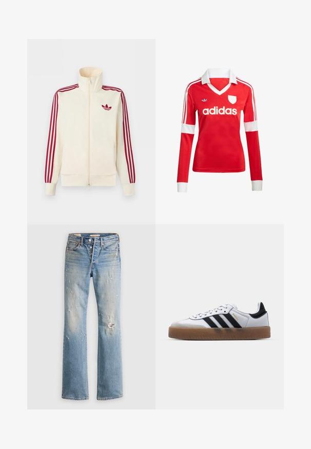 Roomkleurig trainingsjack met ritssluiting, rode drie-strepen op de mouwen en een rood Adidas trefoil-logo op de borst.; Rode lange mouwen voetbalshirt met een witte kraag en manchetten. Heeft drie witte strepen op de schouders en het "adidas" logo prominent weergegeven.; Lichtblauwe versleten jeans met knoopsluiting, lichte vervaging en een kleine scheur bij de rechterknie, plat gelegd op een witte achtergrond.; Witte leren sneakers met zwarte strepen, gumrubberen buitenzool, ronde neus, vetersluiting en een zachte grijze suède neuskap.