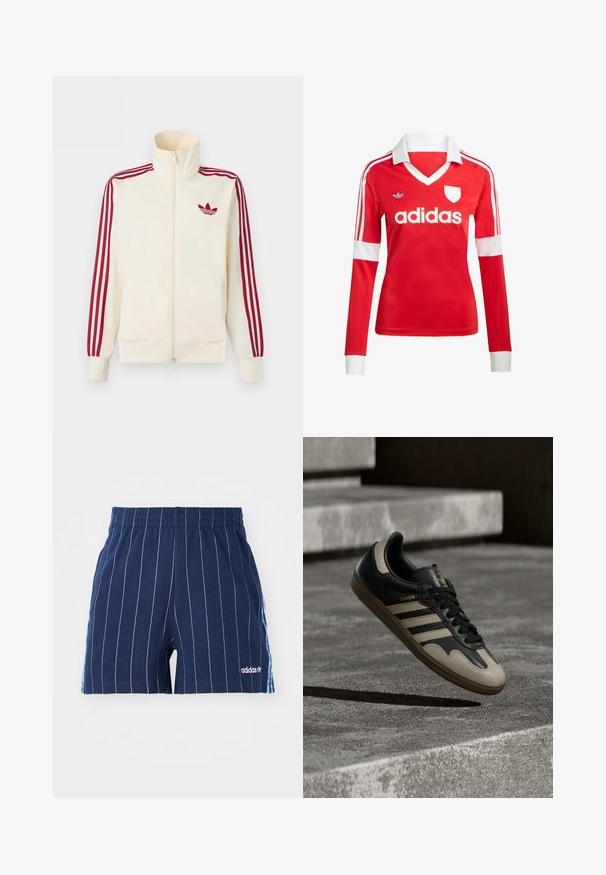 Cremefarbener Trainingsjacke mit Reißverschluss, mit roten Drei-Streifen-Details an den Ärmeln und rotem Adidas-Trefoil-Logo auf der Brust.; Rotes Fußballtrikot mit langen Ärmeln, weißem Kragen und weißen Ärmelbündchen. Es hat drei weiße Streifen auf den Schultern und das "adidas"-Logo ist auffällig platziert.; Dunkelblaue Shorts mit weißen Streifen, elastischem Bund und Adidas-Logo. Mit blauen Akzenten an den Seiten, aus einem Baumwoll-Mischgewebe gefertigt.; Schwarzer und beiger Ledersneaker mit drei weißen Streifen, tannengrüner Gummisohle und goldener "Samba"-Detailierung an der Seite.