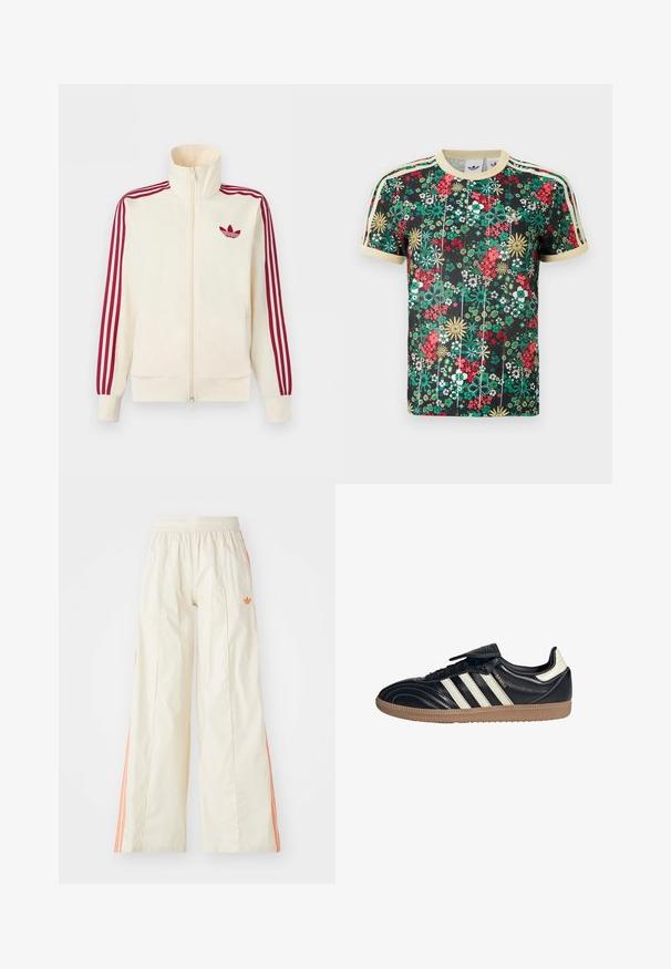 Kremfarvet lynlås-træningsjakke med rødt tre-stribe-detalje på ærmerne og rødt Adidas trefoil-logo på brystet.; Sort Adidas t-shirt med korte ærmer, farverigt blomsterprint, beige krave, ærmekanter og tre beige striber på skuldrene.; Cremefarvede bredde benbukser med elastisk talje, der har orange side-striber og et lille orange logo foran.; Sorte lædersneakers med tre hvide striber, en polstret tunge og en gummirubbersål, der har stikninger og et strømlinet design.