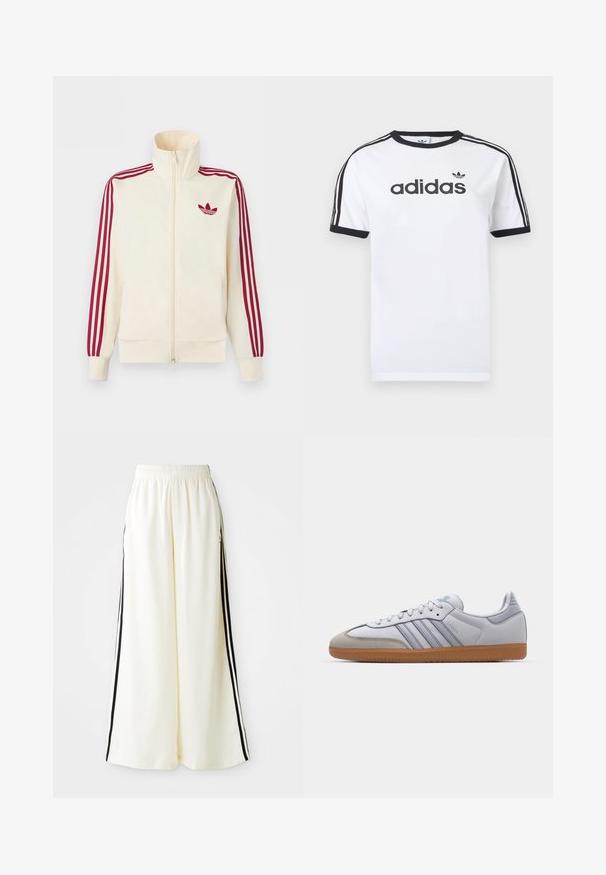 Krémová bežecká bunda na zips s červenými tromi pruhmi na rukávoch a červeným logom Adidas trefoil na hrudi.; Biele bavlnené tričko s čiernymi akcentmi, so zapínaním okolo krku, krátkymi rukávmi, tromi čiernymi pruhmi na ramenách a čiernym logom „adidas“.; Biele široké nohavice s elastickým pásom a čiernymi vertikálnymi pruhmi pozdĺž vonkajších švov.; Biele kožené tenisky s svetlomodrými akcentmi, sivým semišovým špičkou a hnedou gumovou podrážkou. Obsahujú tri modré pruhy a branding "Samba".