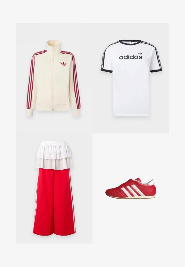 Kreemikas tõmblukuga spordijakk, millel on punased kolmerealised triibud varrukatel ja punane Adidas trefoil logo rinnal.; Valge puuvillane T-särk mustade detailidega, millel on ümara kaelusega, lühikesed varrukad, kolm musta triipu õlgadel ja must "adidas" logo.; Punased laiade jalgadega püksid valgete küljeribadega, millele on lisatud kihiline valge volangiline pealisosa. Elastne vöökoht mugavuse tagamiseks. Pehme kangapind.; Punane nahast spordijalats ümara kärgiga, tekstuuriga pealispind, valged küljeribad ja Velcro rihm. Lame kummisele, et tagada haardumine.