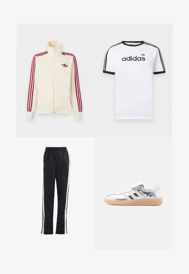 Cremefarbener Trainingsjacke mit Reißverschluss, mit roten Drei-Streifen-Details an den Ärmeln und rotem Adidas-Trefoil-Logo auf der Brust.; Weißes Baumwoll-T-Shirt mit schwarzen Akzenten, verfügt über einen Rundhalsausschnitt, kurze Ärmel, drei schwarze Streifen auf den Schultern und das "adidas"-Logo in Schwarz.; Schwarze Jogginghose mit weißen Seitenstreifen, elastischem Bund und einem Logo-Patch. Hergestellt aus glattem, leichtem Stoff. Gerades Bein-Design.; Silberner metallic Adidas Spezial Sneaker mit weißen Streifen und Gummisohle, von der linken Seite auf einem schlichten weißen Hintergrund gezeigt.