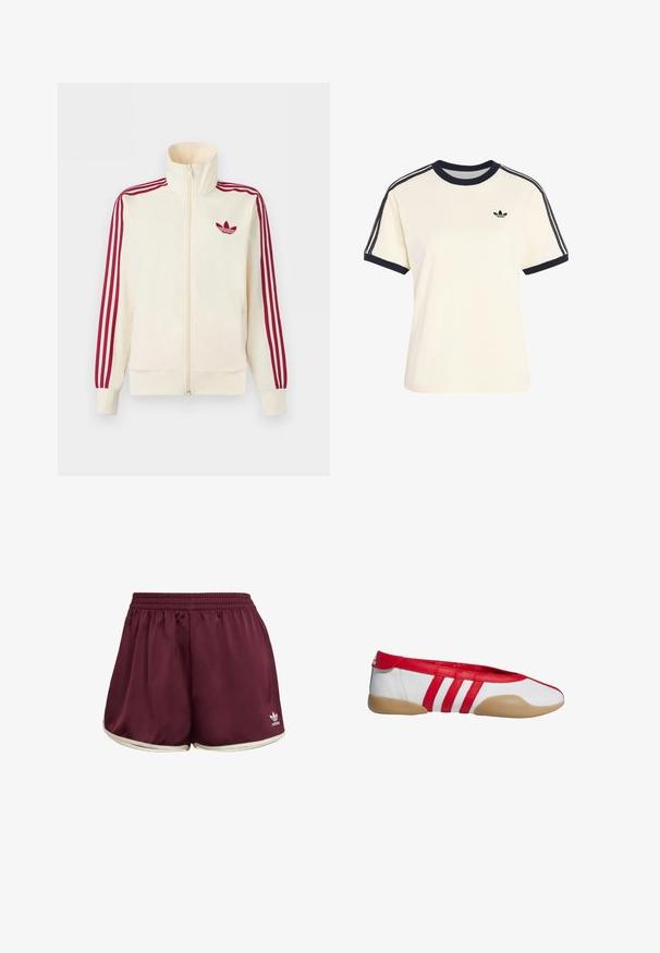 Cremefarbener Trainingsjacke mit Reißverschluss, mit roten Drei-Streifen-Details an den Ärmeln und rotem Adidas-Trefoil-Logo auf der Brust.; Cremefarbenes Kurzarmshirt mit schwarzem Besatz am Kragen und an den Bündchen, schwarzen Doppelstreifen mit Steppnähten auf den Schultern und kleinem schwarzem Adidas-Logo auf der Brust.; adidas Originals SPRINTER - Shorts - maroon cream white; Roter und weißer Ballerina mit abgerundetem Zehenbereich, aus glattem synthetischem Material gefertigt. Verfügt über drei rote Streifen und eine beige Gummisohle.