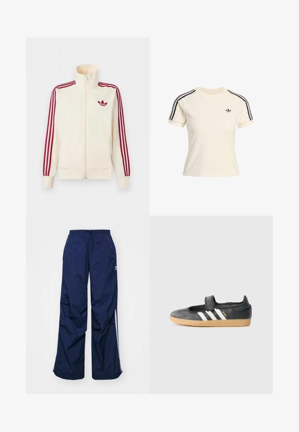 Cremefarbener Trainingsjacke mit Reißverschluss, mit roten Drei-Streifen-Details an den Ärmeln und rotem Adidas-Trefoil-Logo auf der Brust.; Cremefarbene Sweatshirt mit kurzen Ärmeln und schwarzen Streifenakzenten an den Schultern sowie einem kleinen schwarzen Logo auf der Brust. Weicher Tuchstoff.; Navyblaue, leichte Hosen mit elastischem Bund und Kordelzug, versehen mit weißen Seitenstreifen und einem kleinen Logo vorne. Locker geschnittenes Design.; Schwarze Leder- und Wildledersneaker mit einem Klettverschluss, ausgestattet mit drei weißen Streifen und einer Gummisohle, beschriftet mit "SAMBA" an der Seite.