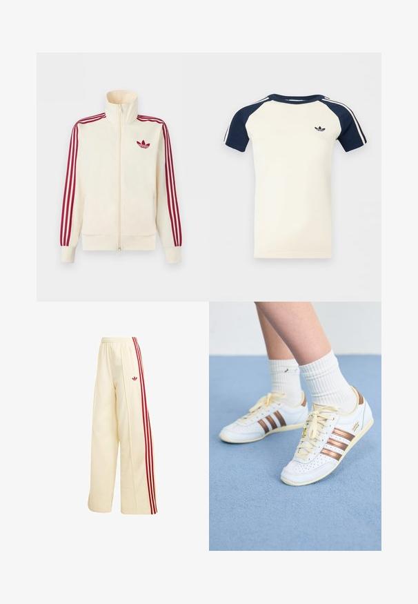 Kremfarvet lynlås-træningsjakke med rødt tre-stribe-detalje på ærmerne og rødt Adidas trefoil-logo på brystet.; Kortærmet cremefarvet skjorte med marineblå raglanærmer, hvide striber på ærmerne og et lille sort Adidas-logo på brystet.; Kremfarvede vidde træningsbukser med røde sidelommer, elastisk talje, lynlåslomme og rødt Adidas-logo på låret.; Hvide sneakers med bronze striber, tekstureret læder, gule snørebånd og perforerede detaljer. Båret med hvide ribbede sokker på en blød blå overflade.