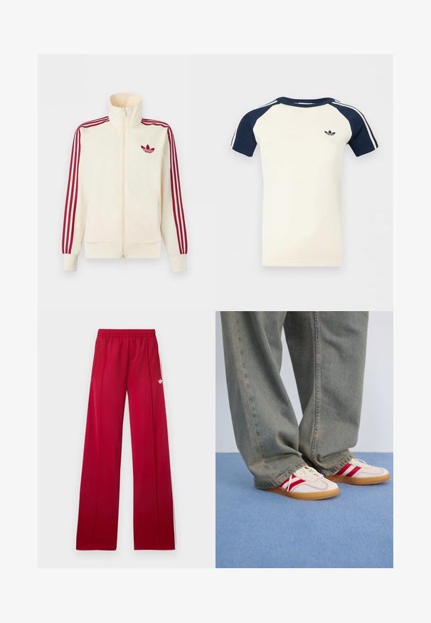 Krémová bežecká bunda na zips s červenými tromi pruhmi na rukávoch a červeným logom Adidas trefoil na hrudi.; Krémová košeľa s krátkym rukávom a námorníckomodrými raglánovými rukávmi, biele pruhy na rukávoch a malým čiernym logom Adidas na hrudi.; Červené široké teplákové nohavice s elastickým pásom, bočnými zipsovými vreckami, bielymi pruhmi po stranách a malým bielym logom na ľavom stehne.; Biele tenisky s červenými pruhmi, textúrovaný plátený zvršok, zaoblená špička, plochá gumená podrážka, skombinované s voľnými, vyblednutými modrými džínsami.