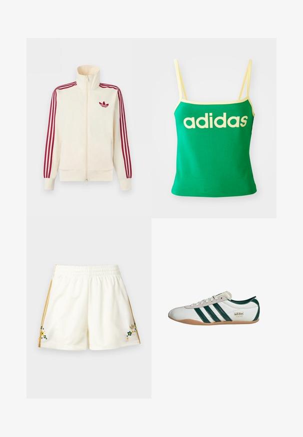 Cremefarbener Trainingsjacke mit Reißverschluss, mit roten Drei-Streifen-Details an den Ärmeln und rotem Adidas-Trefoil-Logo auf der Brust.; Grünes Tanktop mit gelben Akzenten, aus dehnbarem Material. Lieferumfang: großes gelbes "adidas"-Logo auf der Vorderseite und dünne Träger.; Cremefarbene Sportshorts mit goldenen Seitenstreifen und kleinen, gestickten grünen, gelben und weißen Blumen nahe dem Saum auf beiden Seiten.; Weiße Sneaker mit grünen Streifen, Obermaterial aus Wildleder und Synthetik, Gummisohle, runde Zehenform und Detail mit dem "adidas TOKYO" Logo.