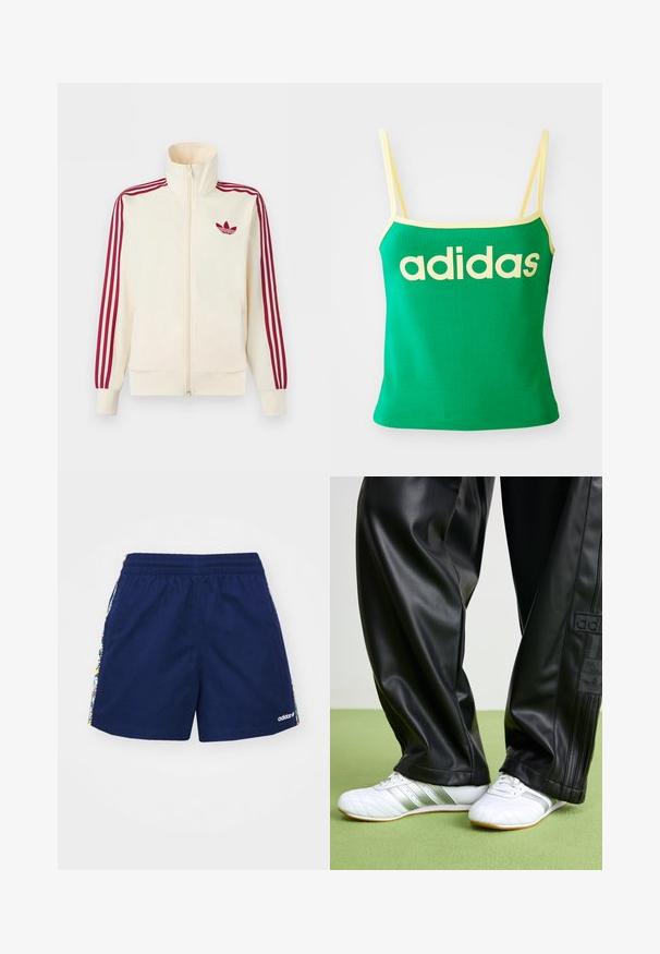 Cremefarbener Trainingsjacke mit Reißverschluss, mit roten Drei-Streifen-Details an den Ärmeln und rotem Adidas-Trefoil-Logo auf der Brust.; Grünes Tanktop mit gelben Akzenten, aus dehnbarem Material. Lieferumfang: großes gelbes "adidas"-Logo auf der Vorderseite und dünne Träger.; Marineblaue Shorts mit einem elastischen Bund, die bunte Blumenstreifen an den Seiten sowie ein kleines weißes Logo am unteren Saum aufweisen.; Schwarze Kunstlederhosen mit einer lockeren Passform, die eine glatte Textur und seitliche Streifen aufweisen. Kombiniert mit weißen Sneakers mit silbernen Akzenten.