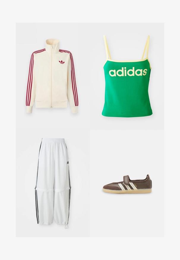 Chaqueta deportiva crema con cremallera y detalle de tres rayas rojas en las mangas, junto con el logo trefoil de Adidas en rojo en el pecho.; Top verde con detalles amarillos, hecho de material elástico. Presenta un gran logo de "adidas" amarillo en el frente y tirantes delgados.; Pantalones deportivos blancos con un ajuste relajado, cinturilla elástica y franjas laterales negras. Presenta bolsillos con cremallera y puños elásticos en los tobillos.; Zapatilla marrón con suela de goma beige, tres rayas blancas en el lateral y una sola tira de velcro en la parte superior.