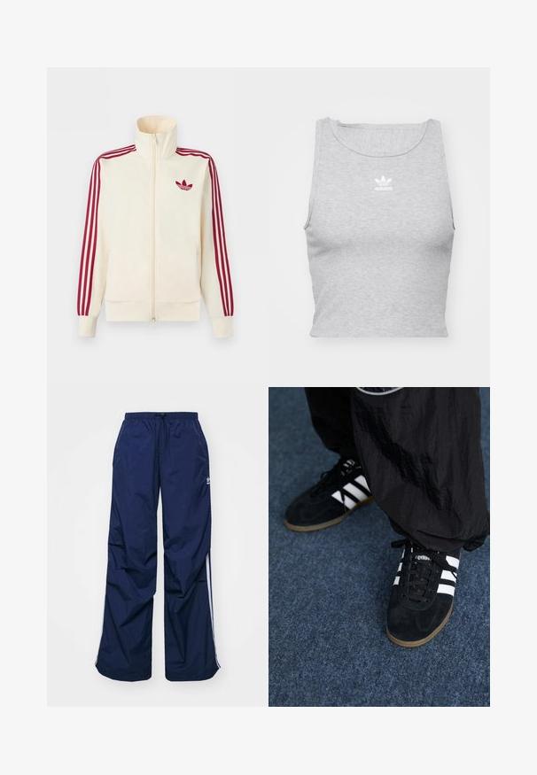 Krémová bežecká bunda na zips s červenými tromi pruhmi na rukávoch a červeným logom Adidas trefoil na hrudi.; Šedý, bezrukávový crop top vyrobený z jemnej látky, s okrúhlym výstrihom a malým bielym logom Adidas na hrudi.; Tmavomodré, ľahké nohavice s elastickým pásom a sťahovacou šnúrkou, so svetlými bočnými pásmi a malým logom na prednej strane. Strih voľného strihu.; Čierne roháčiky z semišu so tromi bielymi pruhmi a čiernymi šnúrkami. Texturované čierne nohavice sú čiastočne viditeľné vedľa topánok.