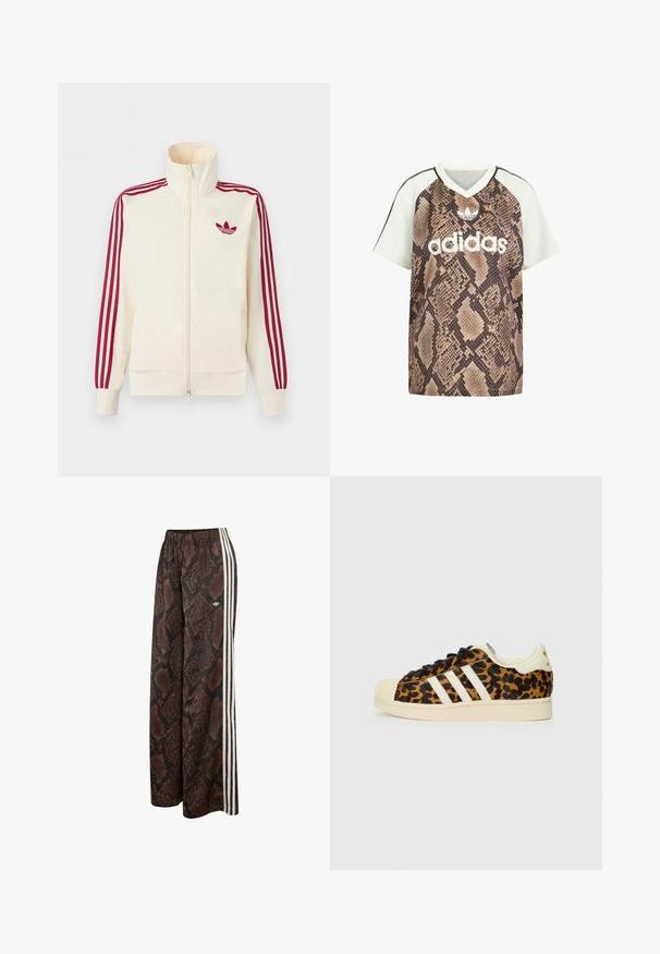 Krémová bežecká bunda na zips s červenými tromi pruhmi na rukávoch a červeným logom Adidas trefoil na hrudi.; Tričko Adidas s krátkym rukávom a strihom do V, s bielymi rukávmi a hnedým hadím vzorom na tele, s bielym logom Adidas a emblémom trefoil vpredu.; Široké nohavice s hnedo-čiernym vzorom hadovej kože, bielymi bočnými pruhmi a elastickým pásom, s malým logom Adidas.; Tenisky s leopardím vzorom a čiernymi šnúrkami, biely dizajn s tromi pruhmi, krémová gumová špička a podrážka, textúrovaný horný materiál.