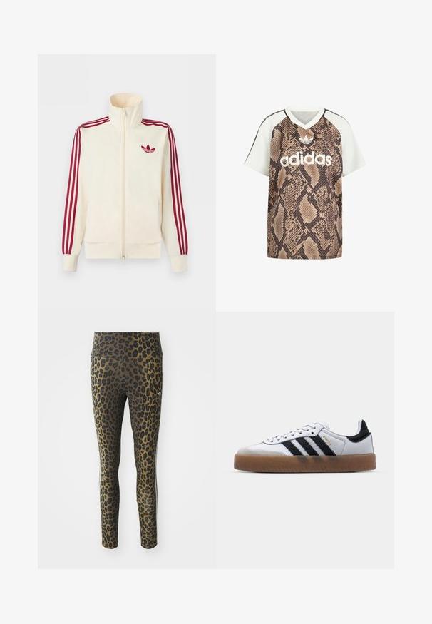 Krémová bežecká bunda na zips s červenými tromi pruhmi na rukávoch a červeným logom Adidas trefoil na hrudi.; Tričko Adidas s krátkym rukávom a strihom do V, s bielymi rukávmi a hnedým hadím vzorom na tele, s bielym logom Adidas a emblémom trefoil vpredu.; Legíny s leopardím vzorom s vysokým pásom, elastickou tkaninou a čiernymi akcentmi na svetlohnedom podklade, navrhnuté pre pohodlie a prispôsobenie.; Biele kožené tenisky s čiernymi pruhmi, gumová podrážka, okrúhla špička, šnurovanie a mäkký sivý semišový špička.