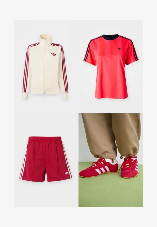 Chaqueta deportiva crema con cremallera y detalle de tres rayas rojas en las mangas, junto con el logo trefoil de Adidas en rojo en el pecho.; Camiseta deportiva roja de manga corta, con rayas verticales, cuello redondo color marino y un pequeño logo negro en la parte frontal.; Pantalones cortos deportivos rojos con cinturilla elástica, franjas blancas en los lados, bolsillos con cremallera y un pequeño logo blanco de Adidas en la parte frontal de la pierna izquierda.; Zapatillas deportivas de ante rojo con rayas blancas, suela de goma plana y cordones rojos. Llevadas con pantalones beige, situadas sobre una superficie verde.