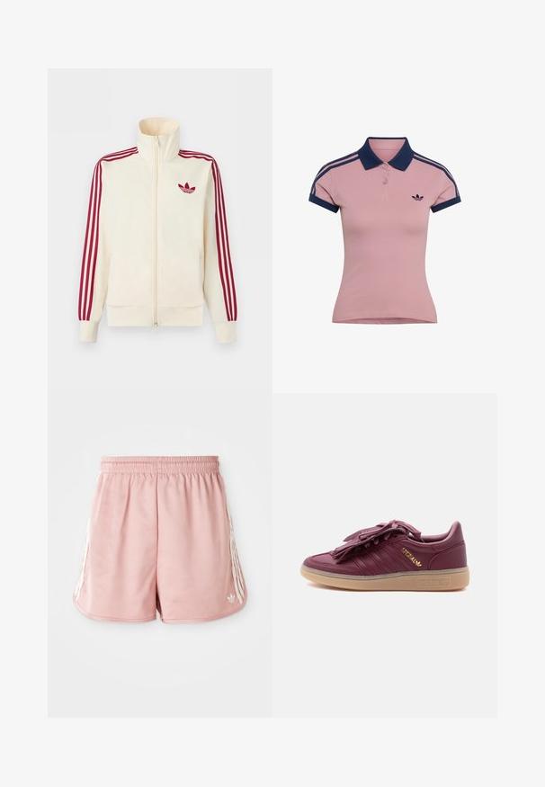 Chaqueta deportiva crema con cremallera y detalle de tres rayas rojas en las mangas, junto con el logo trefoil de Adidas en rojo en el pecho.; Polo de manga corta de color púrpura claro con cuello azul oscuro, puños en las mangas, rayas en los hombros y pequeño logo en el pecho izquierdo.; Shorts deportivos rosas con cintura elástica, detalle de una franja blanca en los lados y un pequeño logo en la parte inferior izquierda delantera. Textura de tela suave.; Zapatilla Adidas Spezial en color granate con suela de goma, logotipo dorado en el lateral y cubierta de cordones con flecos sobre un fondo blanco liso.