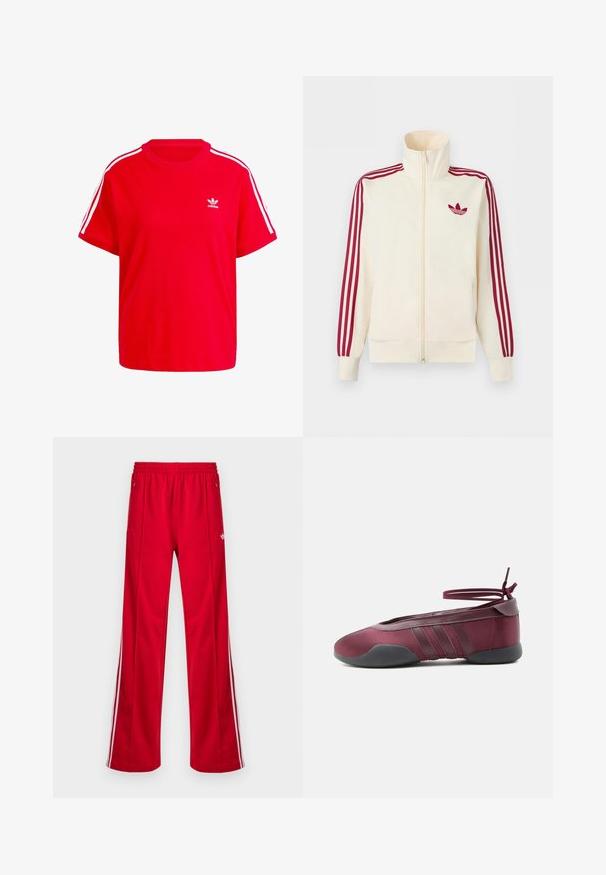 Roomkleurig trainingsjack met ritssluiting, rode drie-strepen op de mouwen en een rood Adidas trefoil-logo op de borst.; Rode katoenen t-shirt met een ronde halslijn, korte mouwen, witte drie-strepen accenten op de schouders en een klein wit logo op de borst.; Rode sportieve broek met een losse pasvorm, elastische tailleband, twee zijzakken en witte zijstrepen. Gemaakt van glad, synthetisch materiaal.; Bordeauxrode ballerina met zwarte zool, elastische enkelbandjes die in een strik zijn gebonden, en gestikte details aan de zijkanten, gezien vanaf de buitenkant.