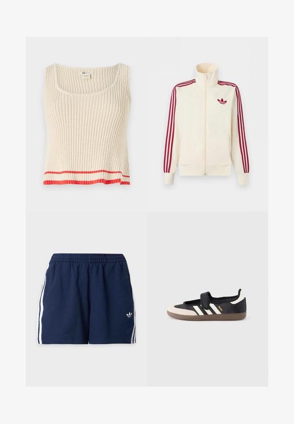 Veste de survêtement à fermeture éclair crème avec détail de trois rayures rouges sur les manches et logo trèfle Adidas rouge sur la poitrine.; Débardeur côtelé de couleur crème avec un col rond et une bande horizontale rouge au bas. Tissu doux et texturé avec une coupe décontractée.; Shorts de sport bleu marine avec taille élastique, bandes blanches sur les côtés et petit logo Adidas sur la jambe gauche.; Baskets noires et beiges avec une bride en velcro, trois bandes blanches sur le côté, et une semelle en caoutchouc marron texturée. Logo de la marque visible.