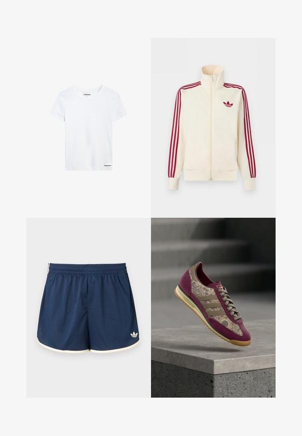 Chaqueta deportiva crema con cremallera y detalle de tres rayas rojas en las mangas, junto con el logo trefoil de Adidas en rojo en el pecho.; Camiseta de algodón blanca con mangas cortas, un escote redondo y una pequeña etiqueta de logo negra en la parte inferior izquierda. Textura suave, ajuste estándar.; Pantalones cortos deportivos azul marino con cintura elástica, ribete blanco, tela de malla transpirable y logo de Adidas en la parte inferior de la pierna derecha.; Zapatilla Adidas morada y beige con patrón de cachemira, cordones verdosos y suela de goma, mostrada flotando sobre una superficie de hormigón.