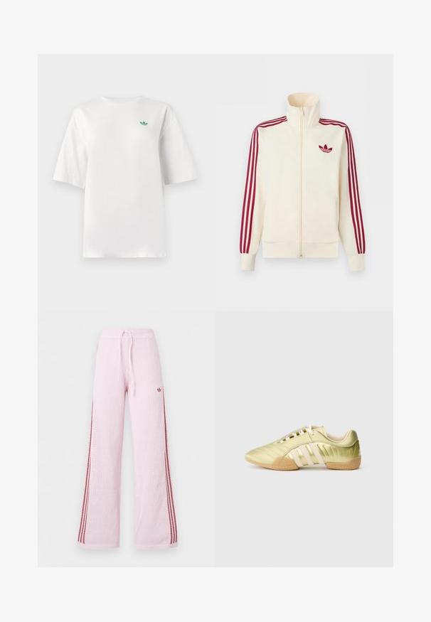Kremfarvet lynlås-træningsjakke med rødt tre-stribe-detalje på ærmerne og rødt Adidas trefoil-logo på brystet.; Hvid t-shirt lavet af bomuld, med korte ærmer og rund hals. Et lille grønt logo er placeret på venstre brystområde.; Lyserøde strikkede vidde bukser med røde sidelister, snøre i taljen og lille logo på øverste lår.; Limegrøn syntetisk sportssko med en glat tekstur, der har tre hvide striber, en blød indvendig foring og en tekstureret gummiydersål.