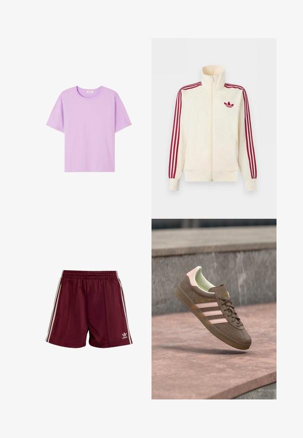 Chaqueta deportiva crema con cremallera y detalle de tres rayas rojas en las mangas, junto con el logo trefoil de Adidas en rojo en el pecho.; Camiseta lisa color lavanda de manga corta y cuello redondo, extendida y mostrando el frente con etiqueta de cuello visible.; Pantalones cortos deportivos color marrón burdeos con cinturilla elástica, tres rayas blancas a cada lado y un pequeño logotipo de Adidas en blanco en la parte inferior izquierda.; Zapatilla de ante marrón con acentos rosas, tres rayas blancas y un logo amarillo. Cuenta con un forro interior suave y una suela de goma texturizada.