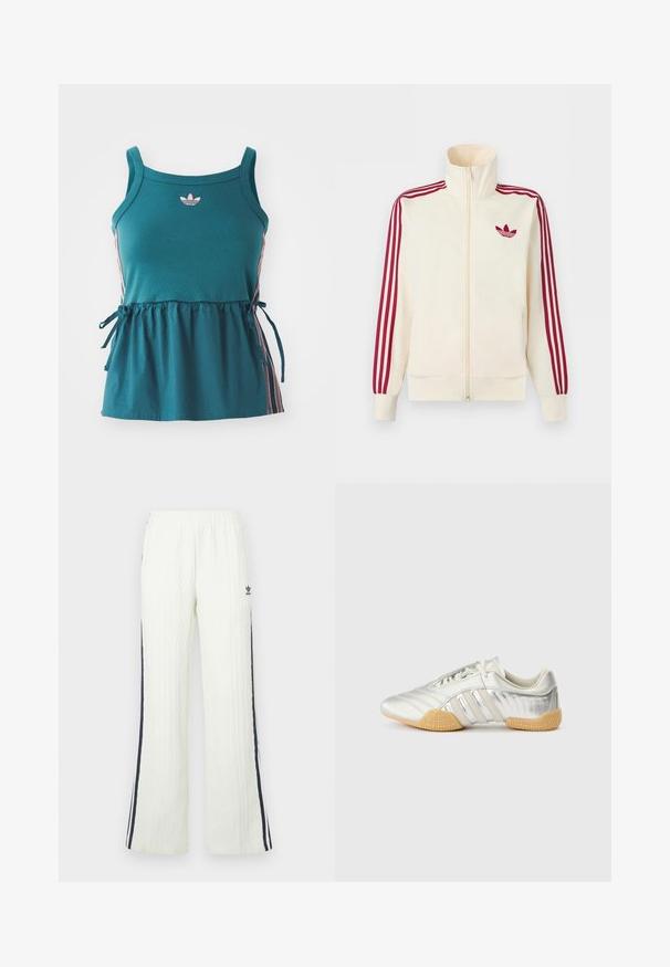 Krémová bežecká bunda na zips s červenými tromi pruhmi na rukávoch a červeným logom Adidas trefoil na hrudi.; Tyrkysový bezrukávový top so zhromaždeným pásom, ružovými bočnými pruhmi a vyšitým logom. Vyrobený z mäkkého materiálu s voľným strihom a viazanými detailmi.; Svetlokrémové nohavice s vrúbkovaným vzorom a rozšíreným strihom. Majú tmavomodré bočné pruhy a logo Adidas na bokoch. Elastický pás.; Strieborná športová obuv s hladkým koženým zvrškom, gumovou podrážkou a textúrovanými detailmi. Má zakrivený dizajn a šnúrky v rovnakom odtieni.