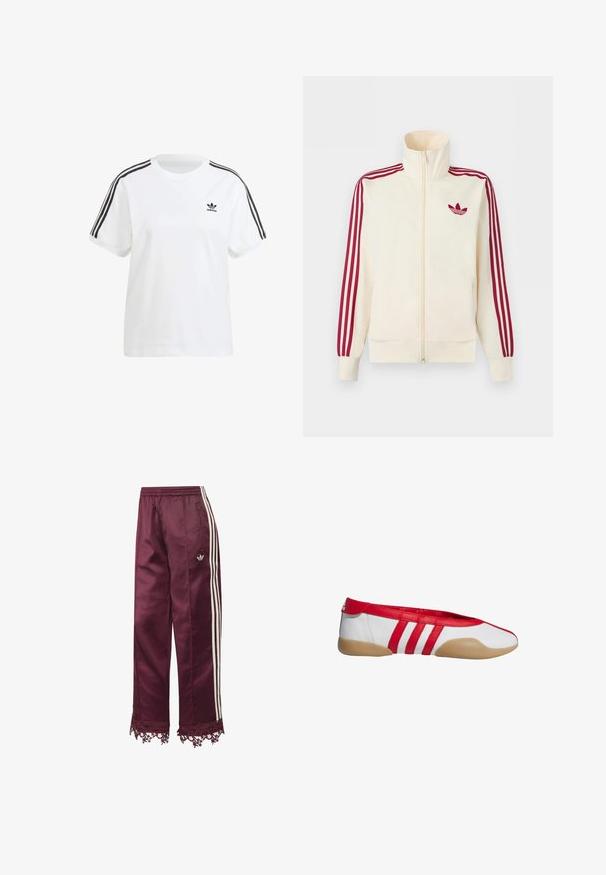 Roomkleurig trainingsjack met ritssluiting, rode drie-strepen op de mouwen en een rood Adidas trefoil-logo op de borst.; Witte katoenen t-shirt met korte mouwen, een ronde hals en zwarte verticale strepen op de schouders, met een klein zwart logo op de borst.; Wijnrode satijnen trainingsbroek met witte zijstrepen, elastische taille, zakken met rits en kanten afwerking bij de zoom.; Rode en witte platte schoen met een afgeronde neus, gemaakt van glad synthetisch materiaal. Heeft drie rode strepen en een beige rubberen zool.