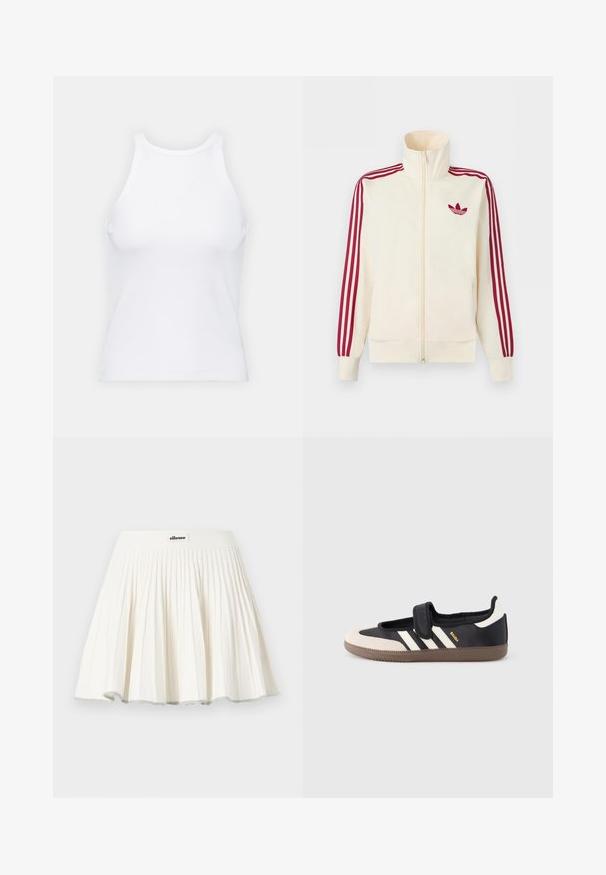 Kremfarvet lynlås-træningsjakke med rødt tre-stribe-detalje på ærmerne og rødt Adidas trefoil-logo på brystet.; Hvid ærmeløs tanktop lavet af ribbet stof, med en rund halsudskæring og en tætsiddende silhuet, med minimale sømme og ingen pynt.; Hvid plisseret tennisnederdel med bred linning og et lille ellesse-logo foran i midten.; Sort og beige sko med velcrolukning, tre hvide striber på siden og en tekstureret brun gummisål. Mærkelogo er synligt.