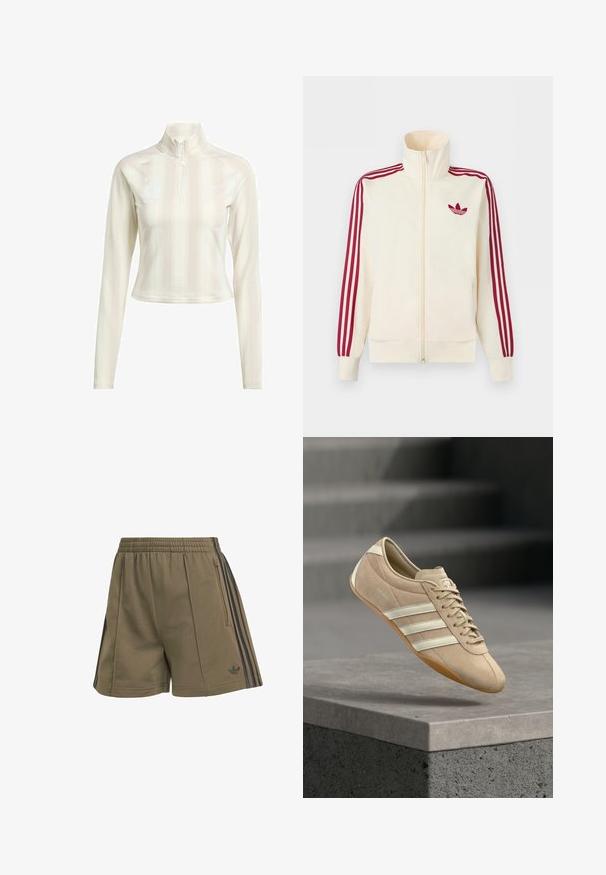 Kremfarvet lynlås-træningsjakke med rødt tre-stribe-detalje på ærmerne og rødt Adidas trefoil-logo på brystet.; Hvid langærmet zip-up top med høj krave, der har subtile lodrette striber og logoaccenter på brystet og ærmet. Blødt stof.; Olivengrønne atletikshorts med elastisk taljebånd, sidelomme med lynlås, sorte tredobbelte striber på siderne og lille sort Adidas-logo på venstre ben.; Lysebeige sneaker med tre hvide vandrette striber, overdel i ruskind og en gummisål, med en logo på siden.