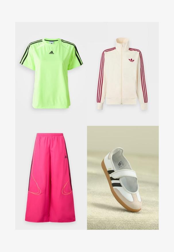 Krémová bežecká bunda na zips s červenými tromi pruhmi na rukávoch a červeným logom Adidas trefoil na hrudi.; Neón zelené športové tričko vyrobené z tkaniny s odvodom vlhkosti. Obsahuje čierny dizajn s tromi pruhmi na pleciach a logo umiestnené na hrudi.; Ružové športové nohavice s elastickým pásom, širokými nohavicami, čiernymi bočnými panelmi a žltým prešívaním. Na prednej strane logo Adidas.; Biele topánky s ružovým semišovým špičkou, čiernymi pruhmi a suchým zipsom. Majú hnedú gumovú podrážku a logo po boku.