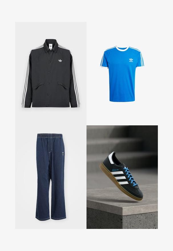 Sort sportsjakke med knaplukning, hvidt trestribet design på ærmerne og et lille hvidt logo på brystet. Tekstureret stof.; Blå bomulds t-shirt med hvid ribbet rund hals og ærmesømme. Har klassiske tre hvide striber langs skuldrene; lille logo på brystet.; Navy stribede bukser med lyseblå lodrette striber, elastisk talje, bred benudskæring og et lille logo på siden. Stoffet har en glat tekstur.; Sort Adidas sneaker med hvide striber, blå snørebånd og gummisål, der svæver over gråt betontrin i blødt lys.