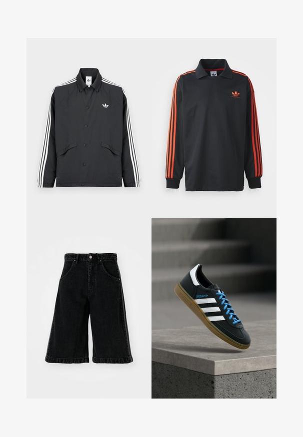 Must spordijakk nööpidega, valgete kolmetriipudega varruka külgedel ja väike valge logo rinnal. Tekstureeritud materjal.; Musta pikem varrukaga polo särk kraega, mille varrukatel on punased triibud ja rinnal väike punane logo. Sile kangastekstuuri.; Mustad denimist suvised lühikesed püksid laia säärega, kõrge vöökoha, vöölõngade ja esikottidega. Minimalistlik õmblus ja metallist detailid.; Must Adidas toss valgete triibu, siniste paelte ja kummist tallaga, hõljuv pehme valgusega halli betoonastme kohal.