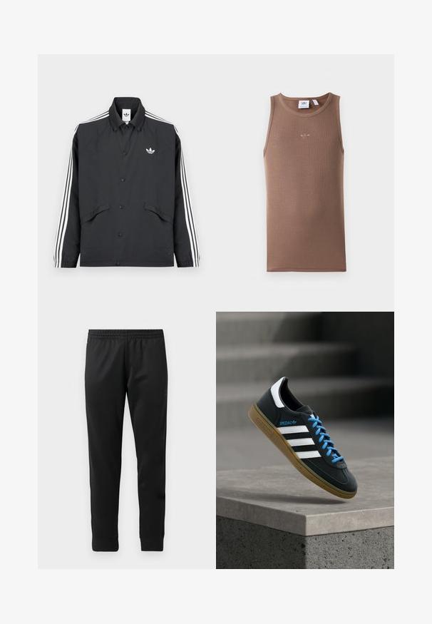 Sort sportsjakke med knaplukning, hvidt trestribet design på ærmerne og et lille hvidt logo på brystet. Tekstureret stof.; Brun ærmeløs tanktop med ribbet tekstur og rund hals. Har et lille broderet logo centreret på brystet.; Sorte træningsbukser lavet af glat stof, med elastisk talje, tætsiddende ben og ribbede manchetter ved anklerne.; Sort Adidas sneaker med hvide striber, blå snørebånd og gummisål, der svæver over gråt betontrin i blødt lys.