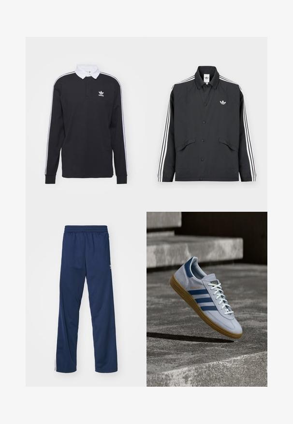 Schwarze Sportjacke mit Knopfverschluss, weißem Drei-Streifen-Design an den Ärmeln und kleinem weißem Logo auf der Brust. Strukturierter Stoff.; Schwarzes Langarm-Polohemd mit weißem Kragen und drei weißen Streifen entlang der Ärmel; verfügt über ein gesticktes Adidas-Logo auf der Brust.; Marineblaue Sporthosen mit elastischem Bund, ausgestattet mit weißen Seitestreifen und einem Logo-Akzent auf dem linken Oberschenkel.; Hellblauer Adidas Spezial Sneaker mit dunkelblauen Streifen und Gummisohle, in der Luft über Betontreppen in neutralem Außenbereich gezeigt.