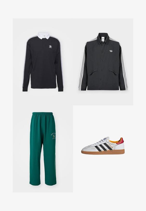 Zwarte sportjas met knoopsluiting, wit ontwerp met drie strepen op de mouwen en een klein wit logo op de borst. Gestructureerde stof.; Zwarte longsleeve polo met witte kraag en drie witte strepen langs de mouwen; voorzien van een geborduurd Adidas-logo op de borst.; Groene sportbroek van gladde stof, met een elastische tailleband, logo-opdruk aan één kant en witte zijstrepen. Regular fit.; Witte Adidas Spezial sneaker met zwarte strepen, gumzool, doorgestikt patroon, rood hielstuk en gele voering, zijaanzicht.