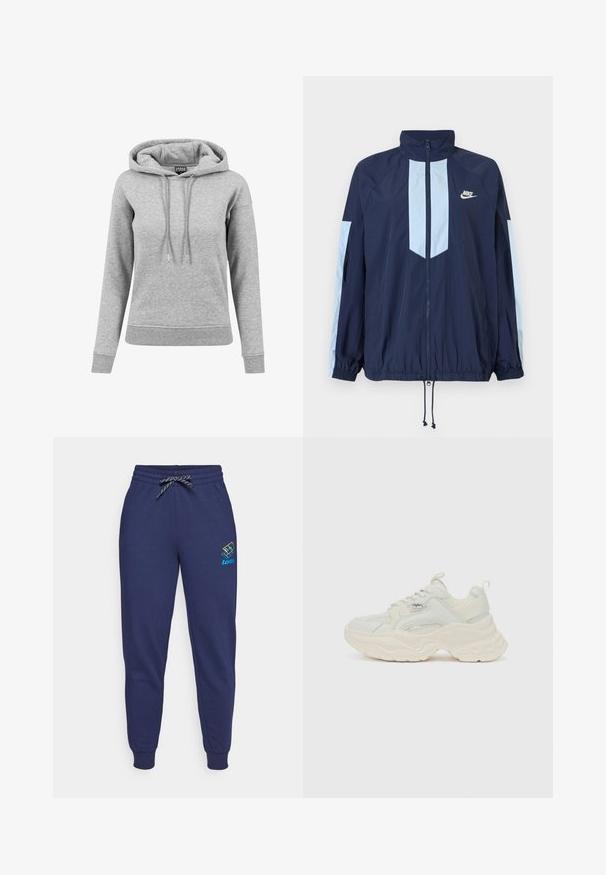 Tumesinise tuulejope helebeežide aktsentidega, kõrge kraega, täispika taljega ja elastsete mansettidega. Nike logo rinnal.; Hallhalli hallidest, mis on valmistatud puuvillast, sisaldab nööriga kapuutsi, pikki varrukaid, soonikuid varrukaotstes ja ääres. Lihtne disain, ilma mustriteta.; Tumed sinised dressipüksid, millel on nööriga vöökoht ja ankle cuffs. Vasakul reitel on säravates värvides Lotto logo. Valmistatud pehmest kangast.; Kerged tossud off-white värvuses, millel on tekstureeritud võrk- ja sile nahk, paks ja laineline tald ning bränditud detailid.