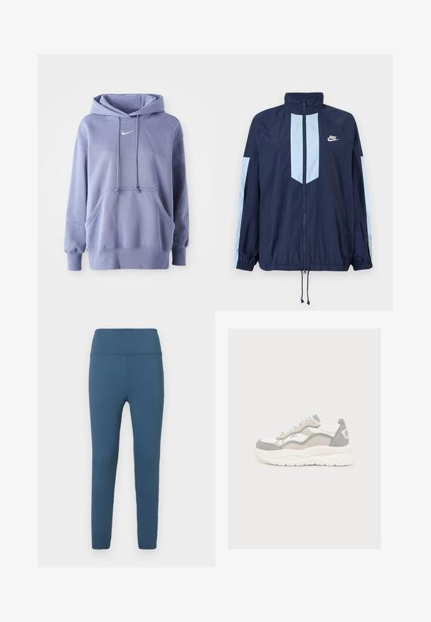 Námornícky vetrovka s svetlomodrými akcentmi, vysokým golierom, úplným predným zipsom a elastickými manžetami. Na hrudi je prítomné logo Nike.; Svetlofialová mikina Nike vyrobená z jemného materiálu, s prednou kapsou, kapucňou so šnúrkou a malým bielym logom na hrudi.; Modré legíny s vysokým pásom vyrobené z elastického materiálu. Hladká textúra s úzkym strihom a prešitím pozdĺž švov.; Biely a svetlosivý športový topánok s hrubou podrážkou, šnurovaním vpredu a perforovaným bočným panelom, zobrazený v profile na jednoduchom pozadí.