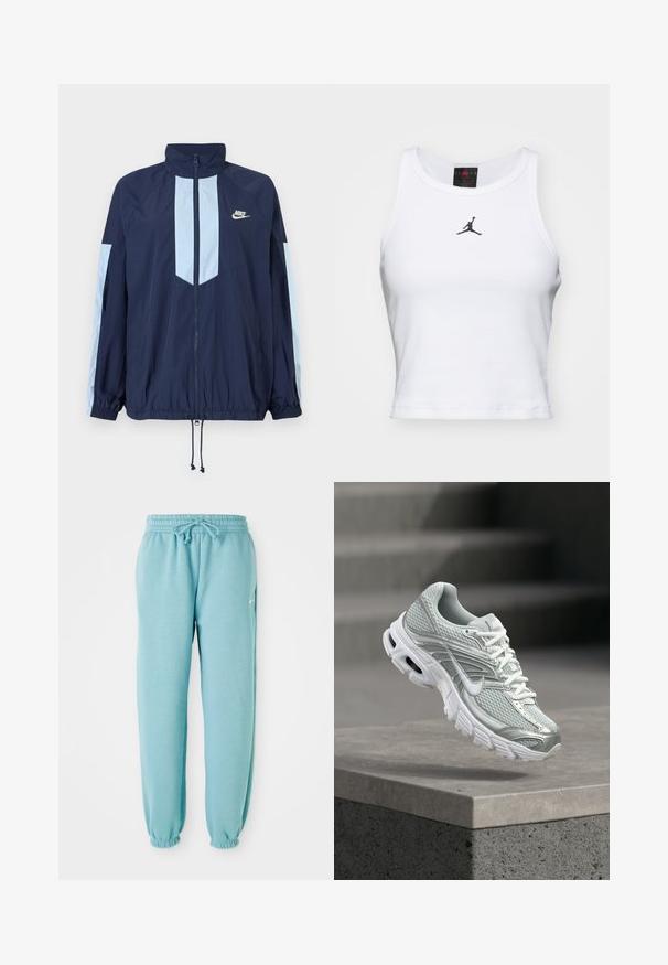 Námornícky vetrovka s svetlomodrými akcentmi, vysokým golierom, úplným predným zipsom a elastickými manžetami. Na hrudi je prítomné logo Nike.; Biely crop tank top vyrobený z bavlny s rebrovanou textúrou. Obsahuje čierne logo Jordan v strede a klasický okrúhly výstrih.; Svetlo modré tepláky vyrobené z mäkkej tkaniny s elastickým pásom, detailom na šnúrku a elastickými manžetami na členkoch. Malé logo na boku.; Svetlosivá a biela bežecká obuv Nike s sieťovinovou tkaninou a hrubou podrážkou plávajúca nad betónovým okrajom na rozmazanom pozadí schodov.