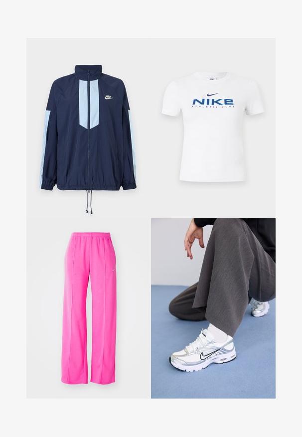 Tumesinise tuulejope helebeežide aktsentidega, kõrge kraega, täispika taljega ja elastsete mansettidega. Nike logo rinnal.; Valge Nike lühikese varrukaga T-särk, millel sinine "NIKE ATHLETIC CLUB" tekst ja keskmisel esiküljel tumesinine Nike logo.; Roosa, vabalt istuvad, kerge kangaga dressipüksid elastse vöökohaga ja külgõmblustega. Ees on väike logo vasaku reie ülaservas.; Valged ja hõbedased spordijalatsid, mis on valmistatud võrgusilma ja sünteetilistest materjalidest ning millel on mustad aktsentjooned, paelad ja tekstuuriga tallad.