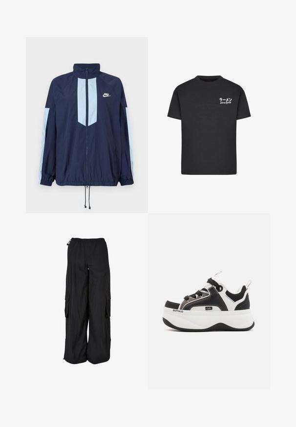 Veste coupe-vent marine avec accents bleu clair, col haut, fermeture éclair frontale intégrale et poignets élastiques. Logo Nike présent sur la poitrine.; T-shirt noir en coton avec un col rond. Présente du texte blanc, y compris des caractères japonais et les mots "Slurp Away" sur la zone gauche de la poitrine.; Pantalon cargo noir à jambes larges avec ceinture élastique, poches latérales à rabat et cordons réglables à la taille et à l'ourlet.; Baskets à plateforme avec un design en noir et blanc, des accents en maille, des détails texturés et un logo proéminent sur le côté.