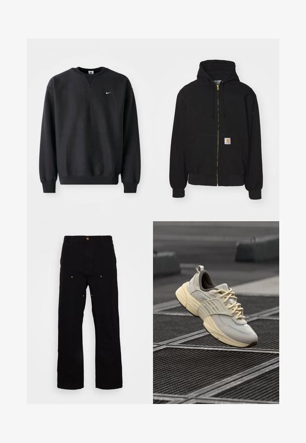 Sort zip-hoodie lavet af bomuldsblanding. Har en gylden lynlås, snoretræk til hætten, kængurulomme og et lille logo-mærke foran.; Sort Nike sweatshirt med rund halsudskæring og lange ærmer, med det ikoniske swoosh-logo i hvidt på brystet.; Sorte denimbukser med lige ben, udstyret med guld hardware-detaljer og synlige syninger på for- og baglommer.; Beige mesh sneakers med lysegrå accenter, tekstureret sål og flade snørebånd, med en polstret krave og en formet gummisål.