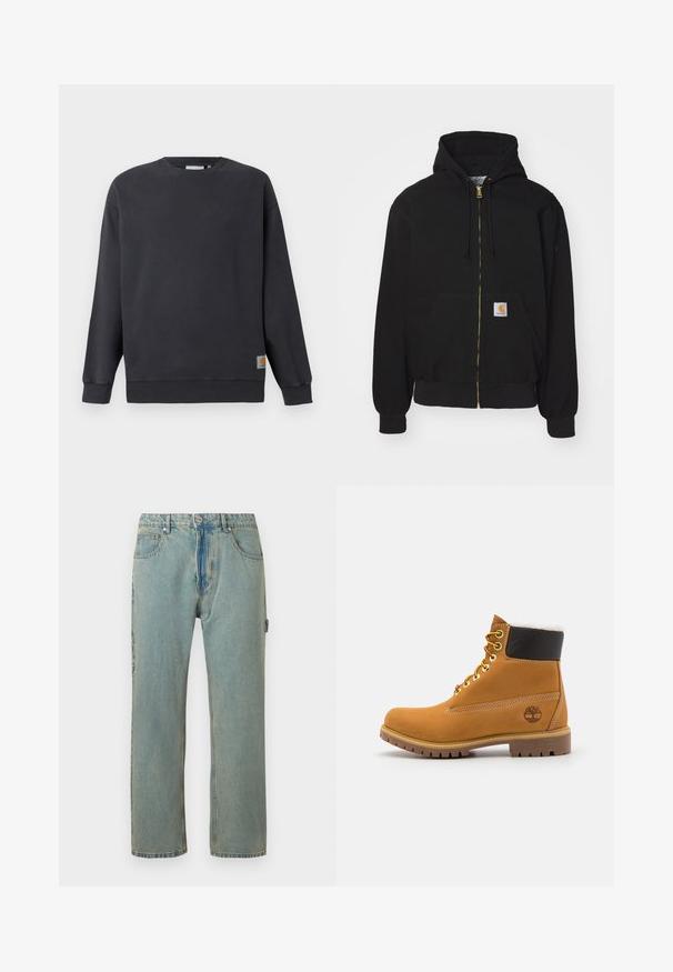 Zwarte zip-up hoodie gemaakt van een katoenmix. Kenmerkt zich door een gouden rits, een capuchon met trekkoord, een buidelzak en een klein logo-label aan de voorkant.; Donkergrijze crewneck sweatshirt met ribbed manchetten en zoom. Bevat een klein geweven logo-label aan de linksonderzijde. Van katoen, met een soepele textuur.; Lichtblauwe, loszittende denim jeans met vijf zakken, een knoopsluiting en zichtbare stiksels. De stof heeft een vervaagde, gestructureerde uitstraling.; Bruine leren enkellaars met metalen oogjes, witte faux bont voering, zwarte gewatteerde kraag, robuuste zool en een reliëflogo aan de zijkant.