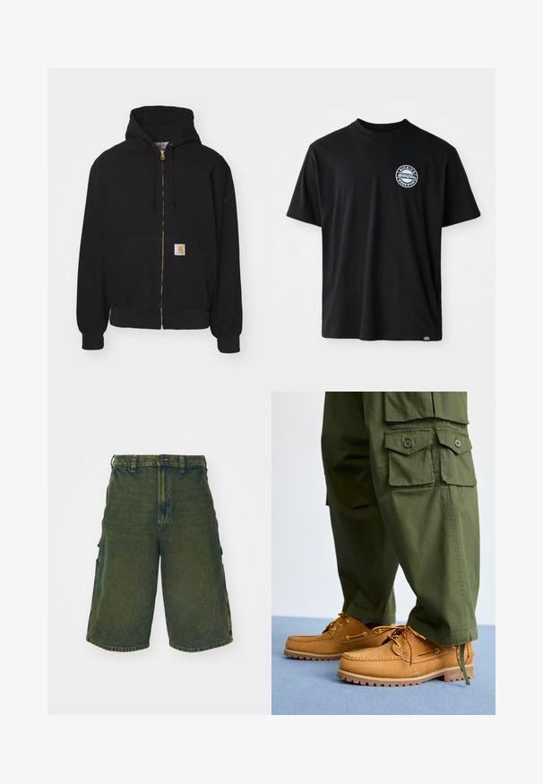 Schwarze Zip-Hoodie aus Baumwollmischung. Mit einem goldenen Reißverschluss, Kordelzugkapuze, Eingrifftasche und einem kleinen Logoetikett auf der Vorderseite.; Schwarzes Baumwoll-T-Shirt mit einem runden Logo auf der Brust. Kurze Ärmel und Rundhalsausschnitt mit geradem Schnitt am Saum.; Grüne Jeans-Cargo-Shorts mit lockerem Schnitt, ausgestattet mit seitlichen Taschen und einem Knopfverschluss. Mit einem abgenutzten Look und geradem Schnitt.; Timberland AUTHENTIC 3 EYE - Bootsschuh - wheat