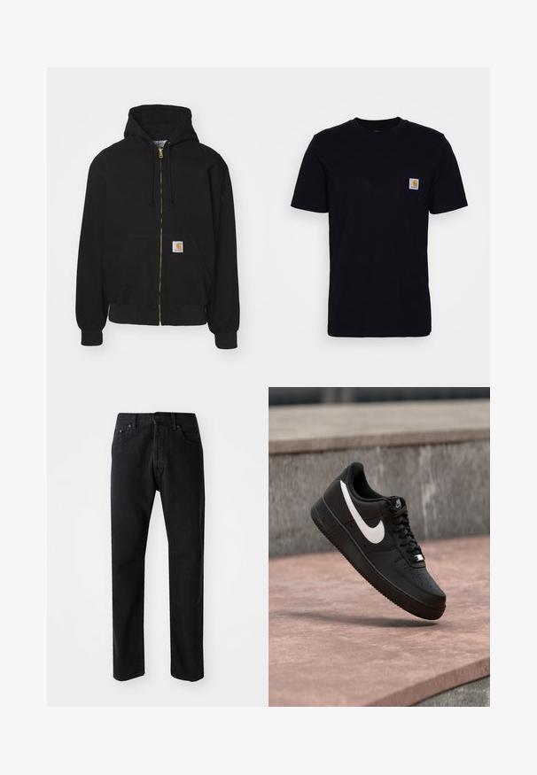 Zwarte zip-up hoodie gemaakt van een katoenmix. Kenmerkt zich door een gouden rits, een capuchon met trekkoord, een buidelzak en een klein logo-label aan de voorkant.; Zwarte katoenen t-shirt met korte mouwen, ronde hals en een borstzak met een klein, vierkant logo patch. Eenvoudig, stevig ontwerp.; Zwarte denim jeans met een rechte snit, vijf zakken en een knoopsluiting. Heeft zichtbare stiksels en een zachte, gestructureerde stof.; Zwarte Nike Air Force 1 sneaker met wit swoosh-logo zwevend boven een stenen oppervlak en een grijze, getextureerde muur op de achtergrond.