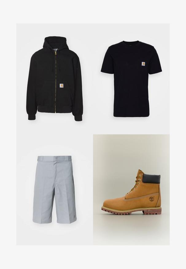 Sort zip-hoodie lavet af bomuldsblanding. Har en gylden lynlås, snoretræk til hætten, kængurulomme og et lille logo-mærke foran.; Sort bomulds T-shirt med korte ærmer, rund hals og en brystlomme, der har et lille, kvadratisk logo-patch. Enkel, ensfarvet design.; Lys grå shorts lavet af slidstærkt stof, med lige snit, en talje med bæltestropper og diskrete plisseringer.; Brun læderankelstøvle med sort krave, gule snørebånd og tanfarvet sål. Har logo og hvide syninger som detalje. Robust ydersål med greb.