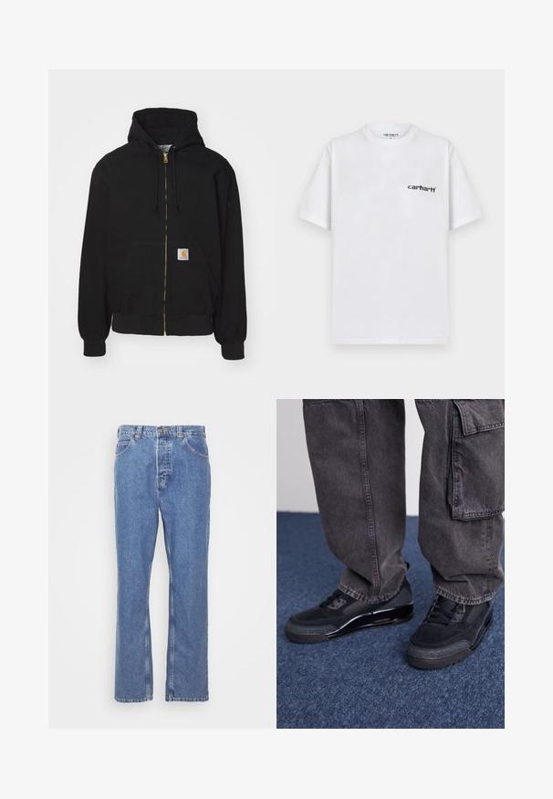 Sort zip-hoodie lavet af bomuldsblanding. Har en gylden lynlås, snoretræk til hætten, kængurulomme og et lille logo-mærke foran.; Hvid bomulds T-shirt med korte ærmer, rund hals og sort Carhartt-logo på venstre bryst, glat tekstur og enkelt design.; Blå denimjeans med lige pasform, fem lomme-design, bæltestropper og knaplukning. Stoffet har en blød, struktureret finish.; Sorte sportsko med en struktureret overflade, glatte detaljer og en kraftig sål, der er parret med mørke, løstsiddende cargo-bukser.