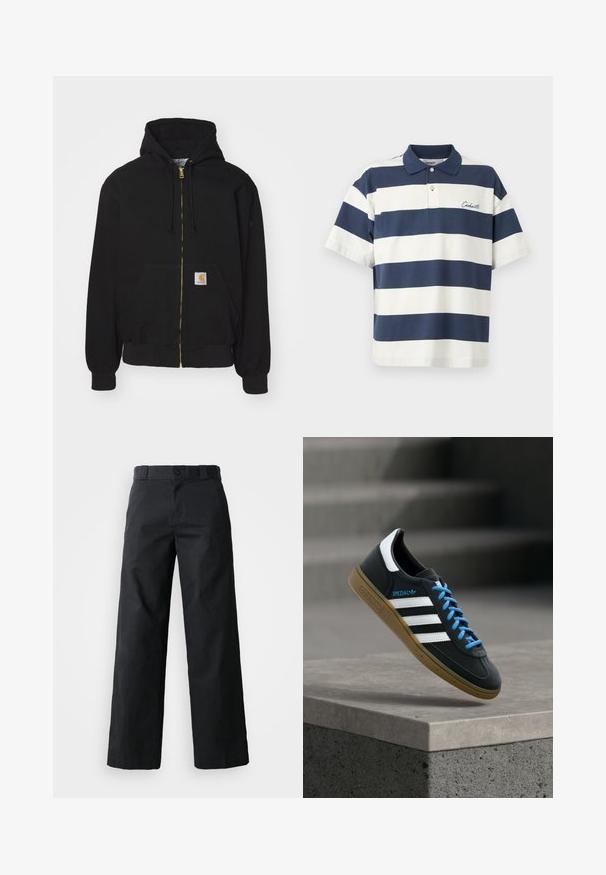 Schwarze Zip-Hoodie aus Baumwollmischung. Mit einem goldenen Reißverschluss, Kordelzugkapuze, Eingrifftasche und einem kleinen Logoetikett auf der Vorderseite.; Marineblaue und weiße horizontal gestreifte Kurzarm-Poloshirt mit Kragen und zweiknöpfiger Leiste, mit kleinem gesticktem Markennamen auf der Brust.; Schwarze weit geschnittene Baumwollhose. Verfügt über einen Knopfverschluss, Gürtelschlaufen und Seitentaschen. Glatte Textur mit tailliertem Schnitt.; Schwarzer Adidas-Sneaker mit weißen Streifen, blauen Schnürsenkeln und Gummisohle, der über einer grauen Betontreppe im weichen Licht schwebt.