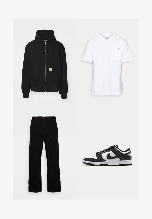 Schwarze Zip-Hoodie aus Baumwollmischung. Mit einem goldenen Reißverschluss, Kordelzugkapuze, Eingrifftasche und einem kleinen Logoetikett auf der Vorderseite.; Weißes Baumwoll-T-Shirt mit Rundhalsausschnitt, kurzen Ärmeln und einer Brusttasche, die auf der linken Seite ein kleines Markenlogo aufweist.; Schwarze Denim-Hosen mit geradem Bein, ausgestattet mit goldenen Hardware-Akzenten und sichtbaren Nähten an den Vorder- und Gesäßtaschen.; Schwarze und weiße Nike Dunk Sneakers mit einem Obermaterial aus Leder, perforierter Zehenpartie, schwarzen Schnürsenkeln und einer schwarzen Gummisohle mit Profildesign.