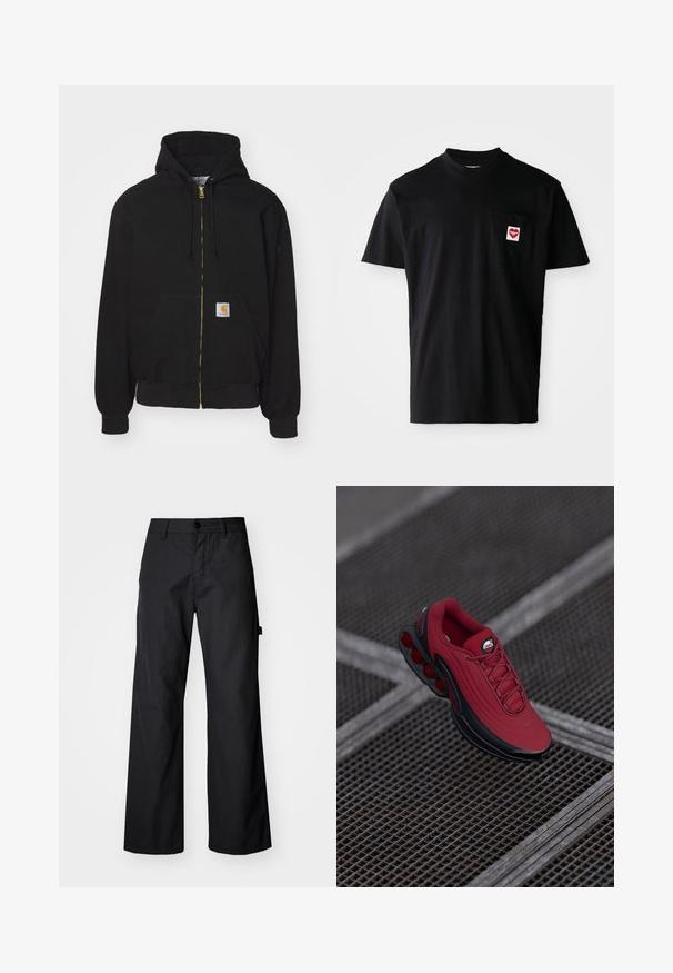 Sudadera con cremallera negra hecha de mezcla de algodón. Cuenta con una cremallera dorada, capucha con cordón, bolsillo tipo canguro y una pequeña etiqueta de logo en la parte frontal.; Camiseta de algodón negra con escote redondo, mangas cortas y bolsillo en el pecho izquierdo que presenta un parche en forma de corazón rojo con texto blanco.; Pantalones anchos, negros, fabricados con un tejido durable. Cierre de botón y bolsillos laterales. Textura suave con un diseño limpio.; Zapatilla roja con un upper texturizado, que presenta acentos en negro y un diseño de suela con un prominente sistema de amortiguación de aire. Los cordones y el logo son visibles en la parte superior.