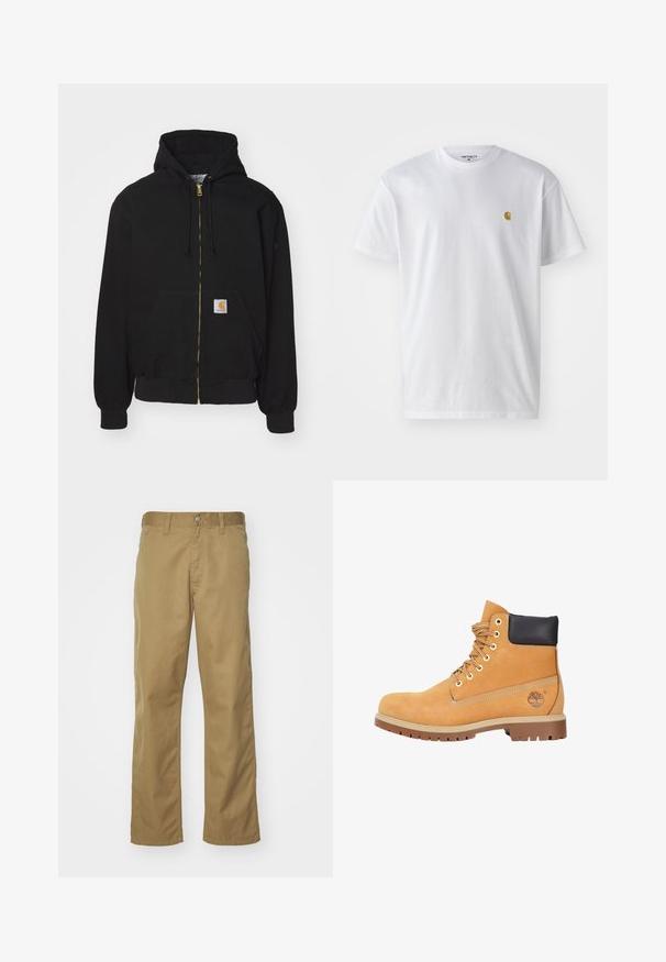 Zwarte zip-up hoodie gemaakt van een katoenmix. Kenmerkt zich door een gouden rits, een capuchon met trekkoord, een buidelzak en een klein logo-label aan de voorkant.; Witte katoenen t-shirt met korte mouwen en ronde hals, voorzien van een klein gouden logo op de linkerkant van de borst. Zachte textuur en een normale pasvorm.; Khaki chino's met een recht gesneden ontwerp, gemaakt van soepel katoenstof. Voorzien van een knoopsluiting aan de voorkant en zijzakken.; Tan suède laars met een zwarte gewatteerde kraag, metalen oogjes en rubberen zool, voorzien van ton-sur-ton stiksels en een logo aan de zijkant.