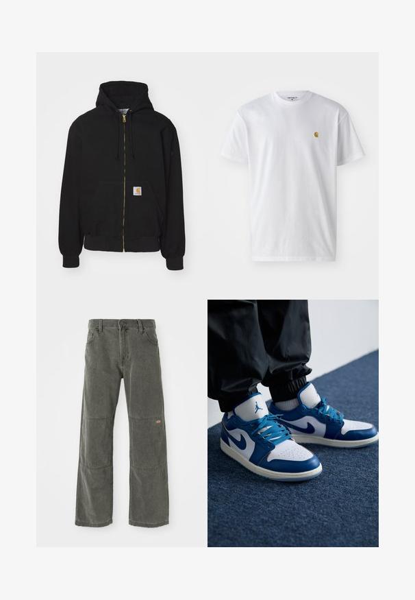Schwarze Zip-Hoodie aus Baumwollmischung. Mit einem goldenen Reißverschluss, Kordelzugkapuze, Eingrifftasche und einem kleinen Logoetikett auf der Vorderseite.; Weißes Baumwoll-T-Shirt mit kurzen Ärmeln, Rundhalsausschnitt, mit einem kleinen goldenen Logo im linken Brustbereich. Weicher Stoff und normale Passform.; Dunkelgraue, weit geschnittene Hose aus strapazierfähigem Material, mit Knieschützern, klassischem Druckknopfverschluss und genähten Akzenten.; Die Nike Air Jordan Sneakers verfügen über eine weiße Lederbasis mit blauen synthetischen Akzenten, einer perforierten Zehenbox und blauen Schnürsenkeln.